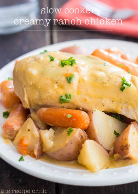 Slow Cooker Creamy Ranch Chicken•4 Boneless Skinless Chicken Breasts •6-8 medium potatoes, chopped into large pieces •2 cups baby carrots •1 can cream of chicken soup* •1 package dry ranch •parsley for garnish (optional) If you like extra sauce and gravy, double the soup and ranch packet.